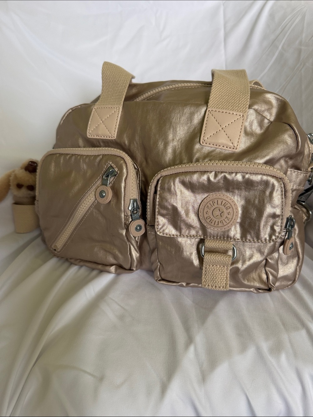 Kipling Metallic Rose Gold Shoulder Bag with Front Pockets
